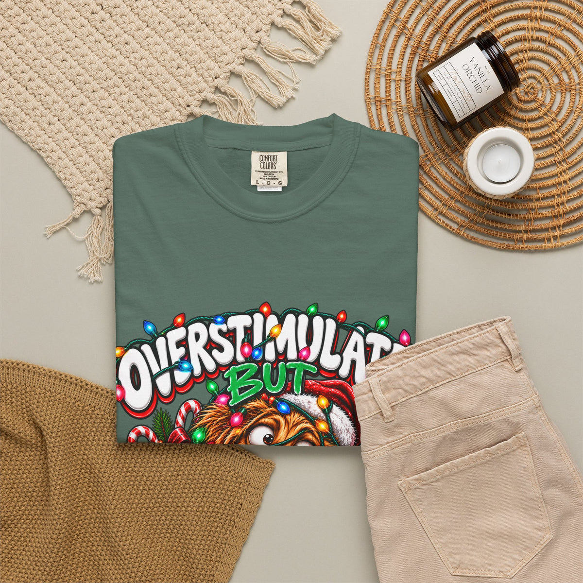 Overstimulated But Festive T-Shirt — Funny Holiday Dog Christmas Tee