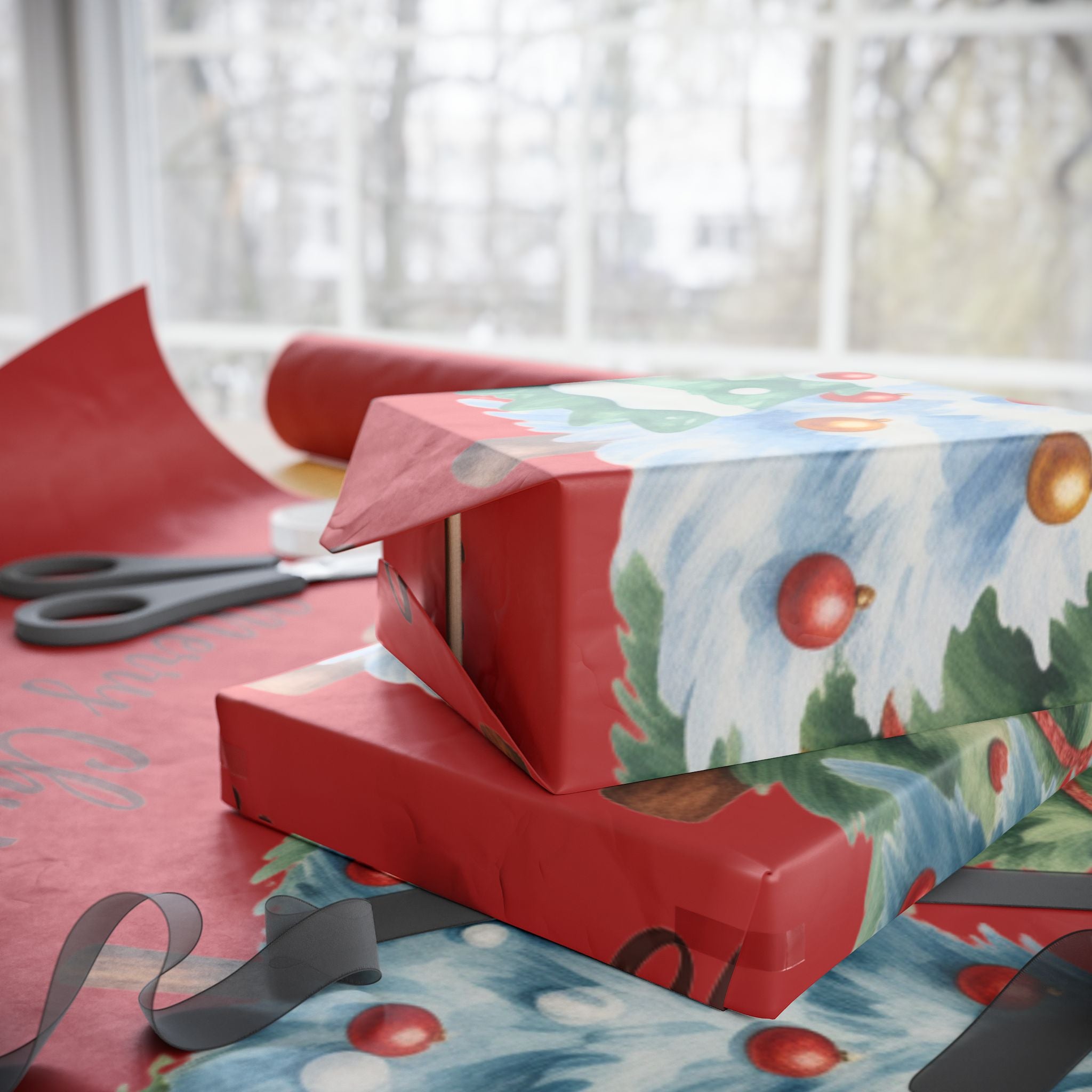 Christmas Trees Wrapping Paper | Merry Christmas Red Holiday Wrap