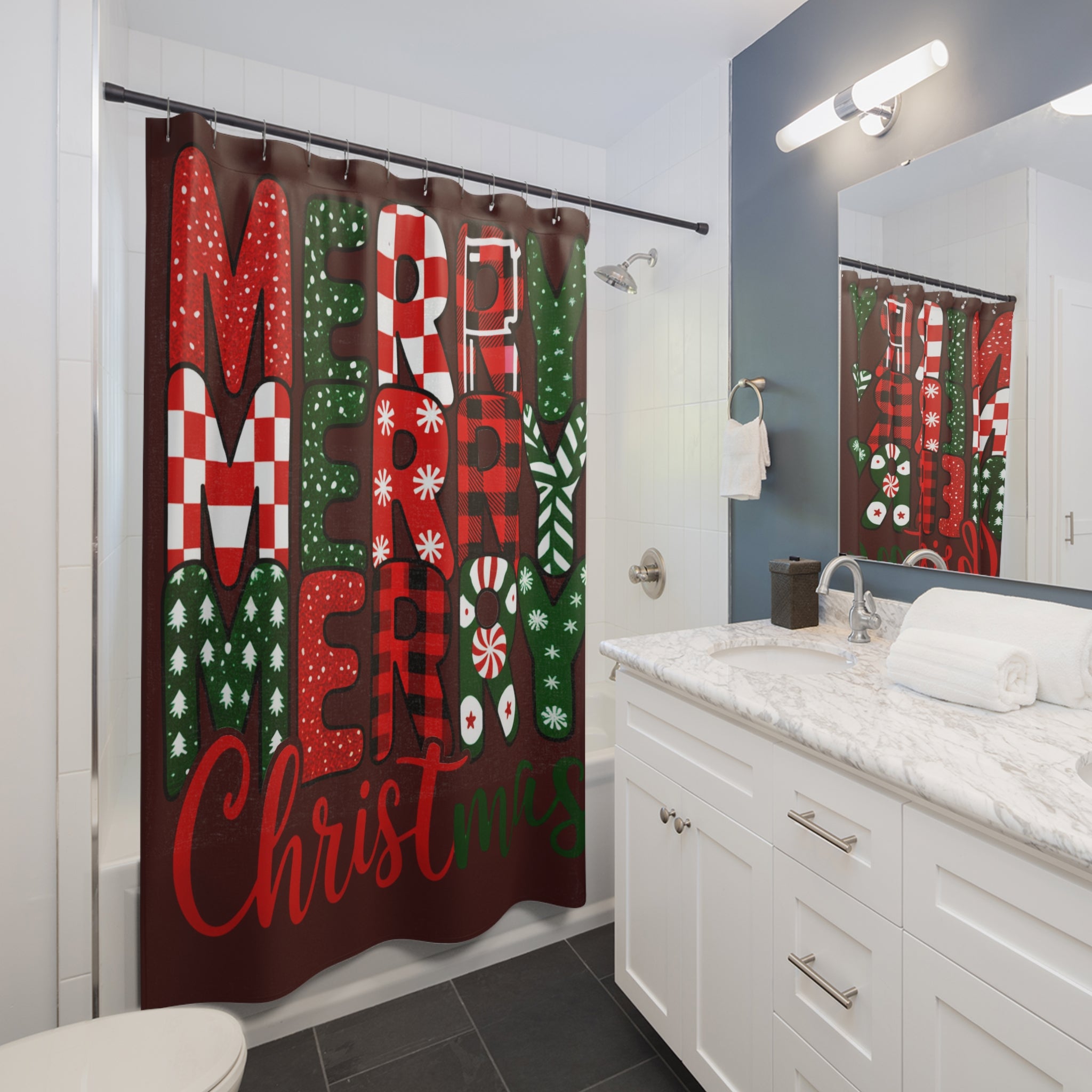 Christmas Merry Shower Curtain — Festive Red & Green Holiday Bathroom Décor