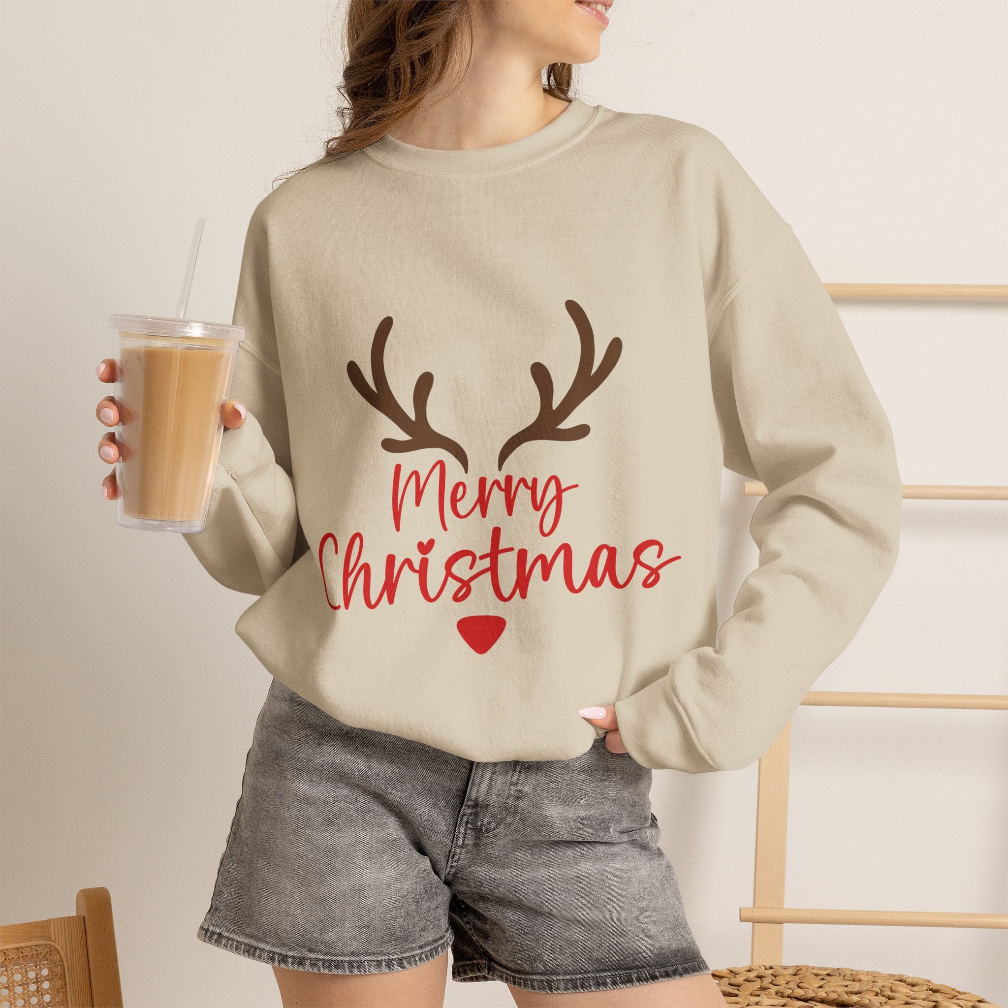 Reindeer Antlers Merry Christmas Sweatshirt | Holiday Christmas Crewneck
