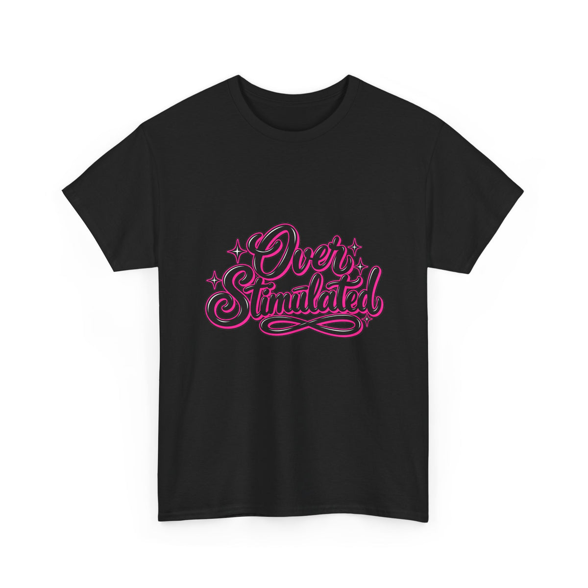 Overstimulated Graphic Tee — Retro Script Pink & Black Casual T‑Shirt