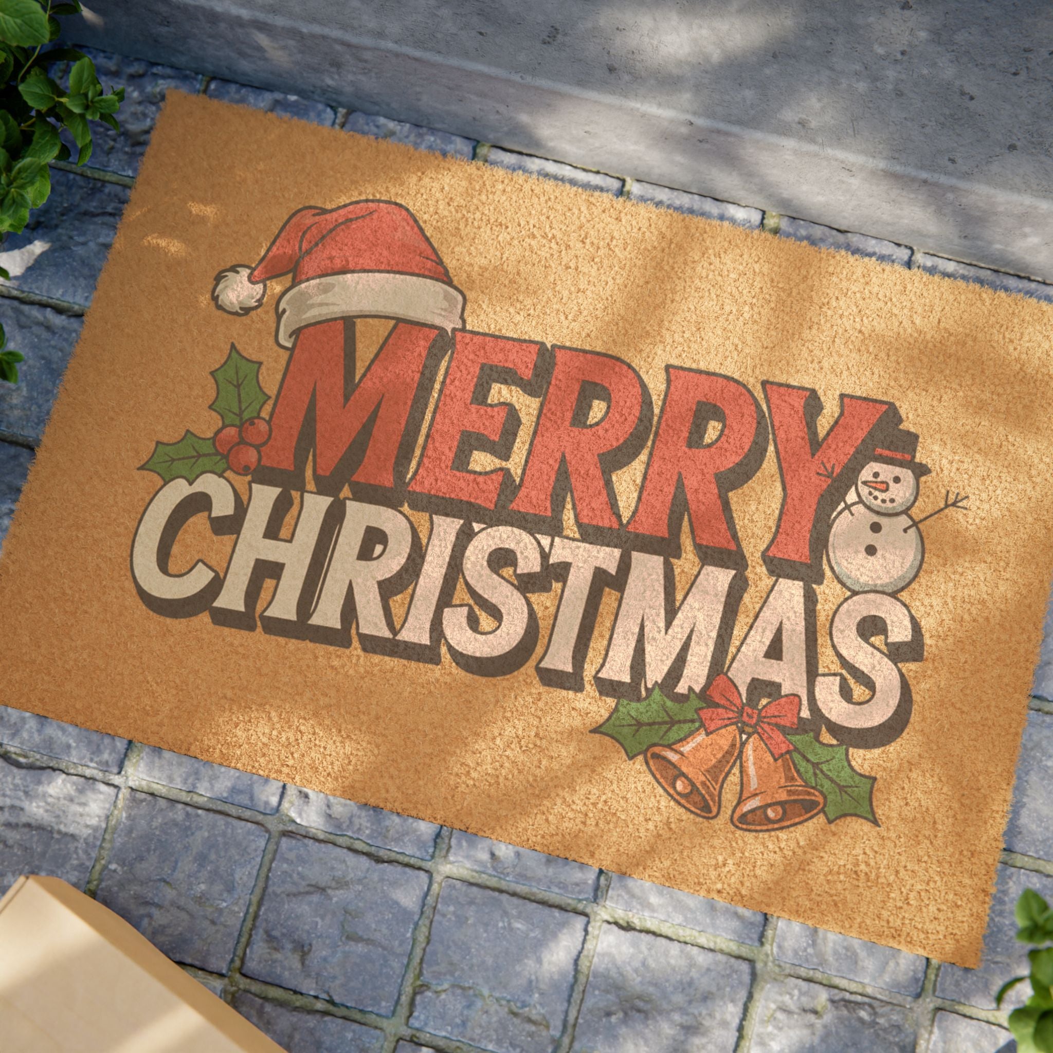 Merry Christmas Doormat | Holiday Santa Hat Snowman Coir Welcome Mat