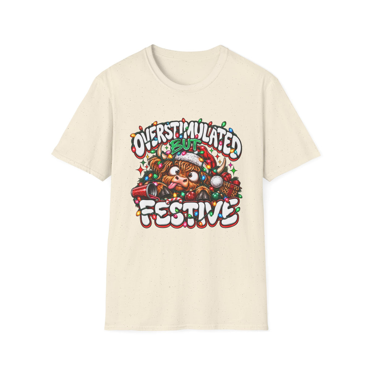 T-Shirt — "Overstimulated But Festive" Christmas Cat Holiday Tee