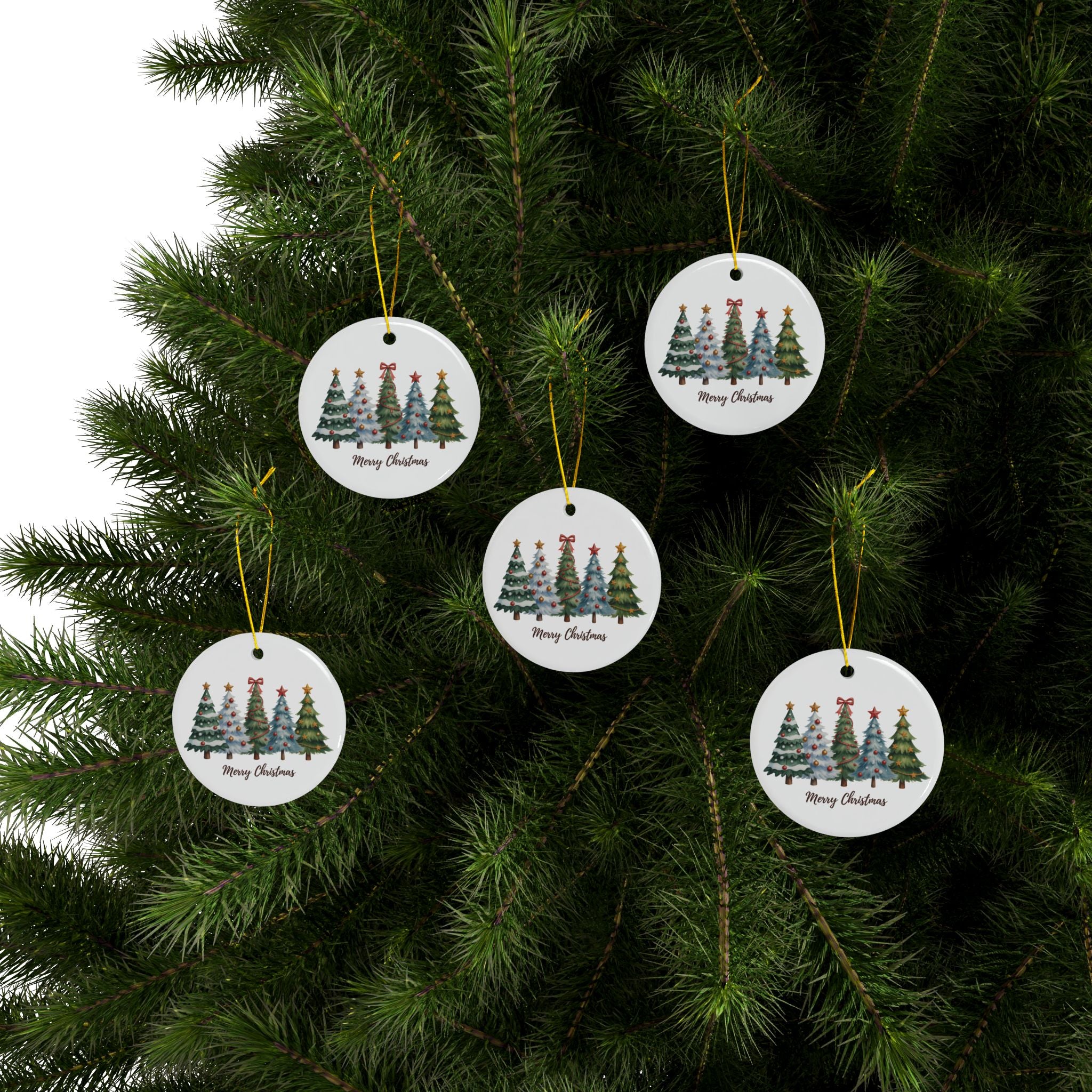 Merry Christmas Watercolor Pine Trees Ceramic Ornament