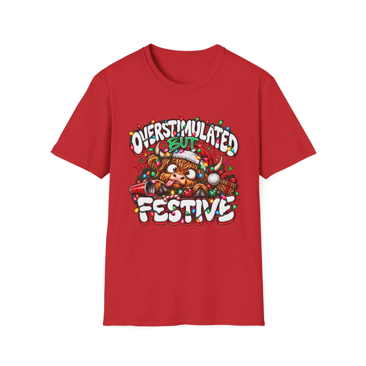 T-Shirt — "Overstimulated But Festive" Christmas Cat Holiday Tee