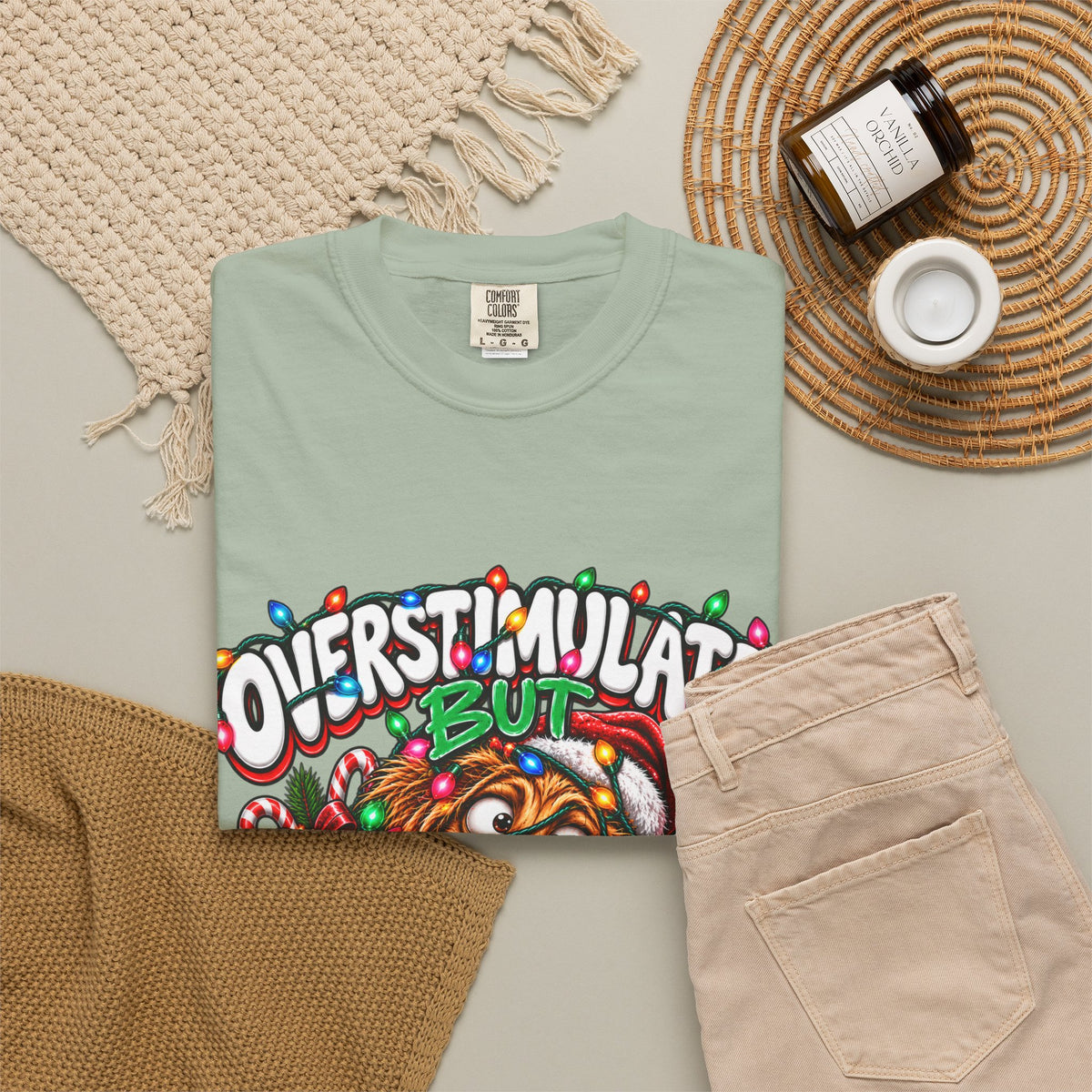 Overstimulated But Festive T-Shirt — Funny Holiday Dog Christmas Tee
