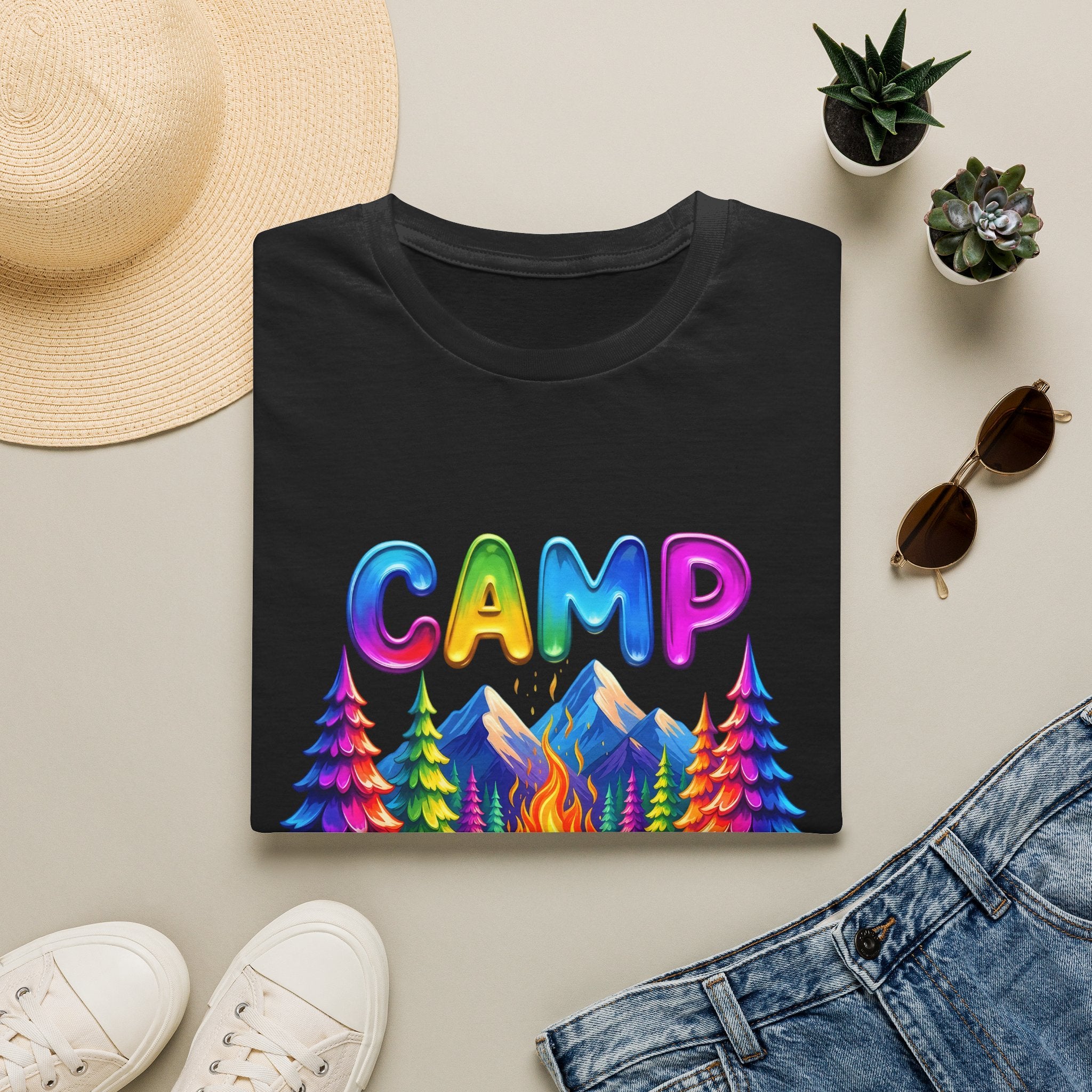 Camp Life colorful campsite T-Shirt | rainbow trees, mountains, campfire