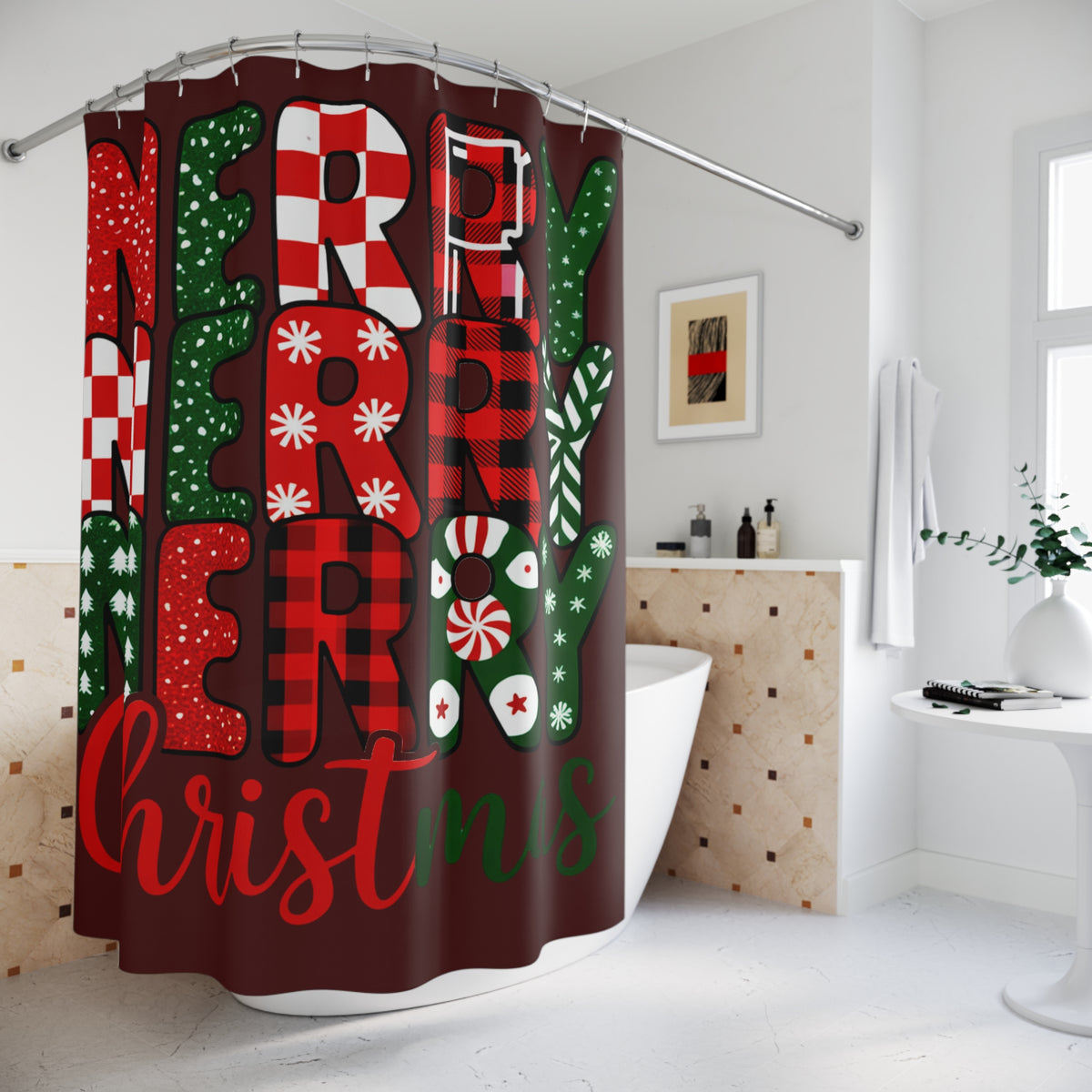 Christmas Merry Shower Curtain — Festive Red & Green Holiday Bathroom Décor
