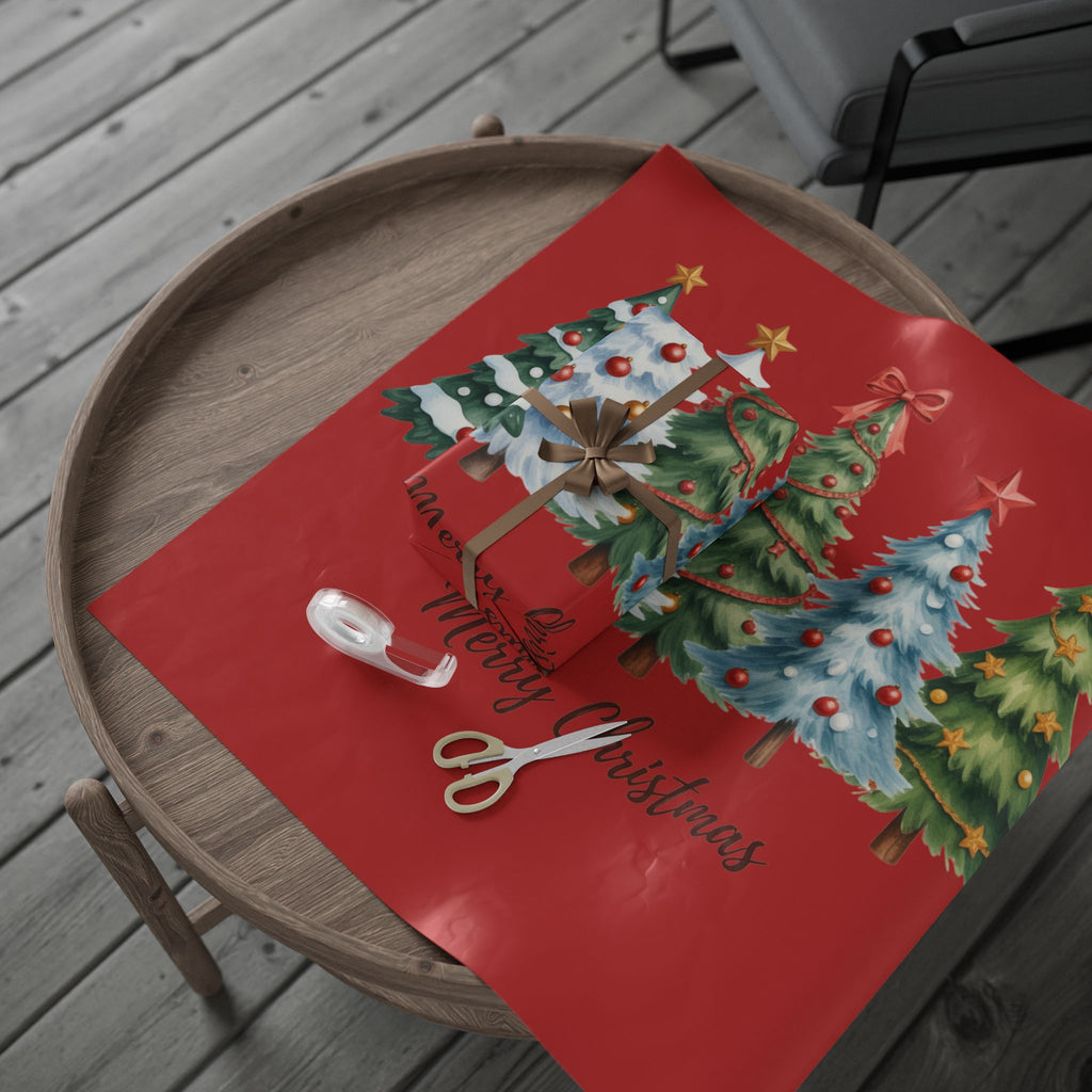 Christmas Trees Wrapping Paper | Merry Christmas Red Holiday Wrap