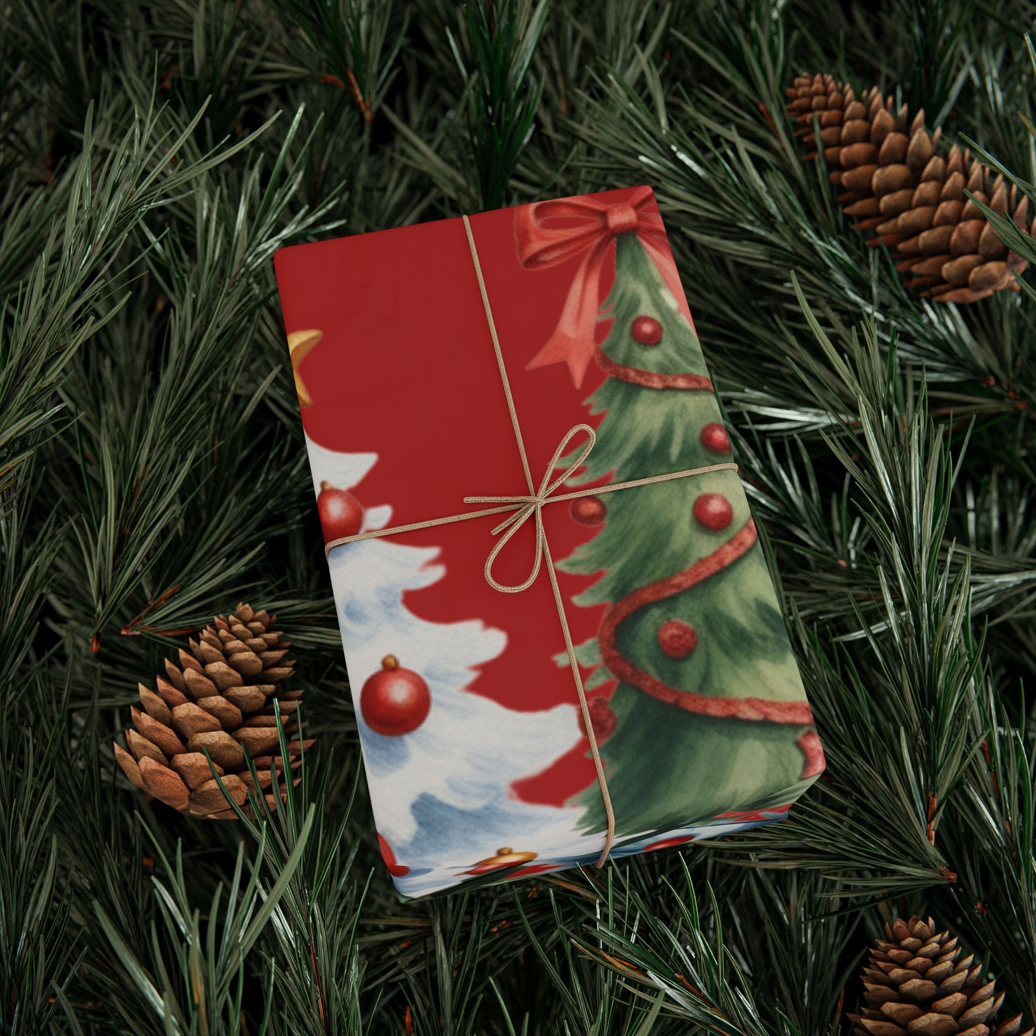 Christmas Trees Wrapping Paper | Merry Christmas Red Holiday Wrap