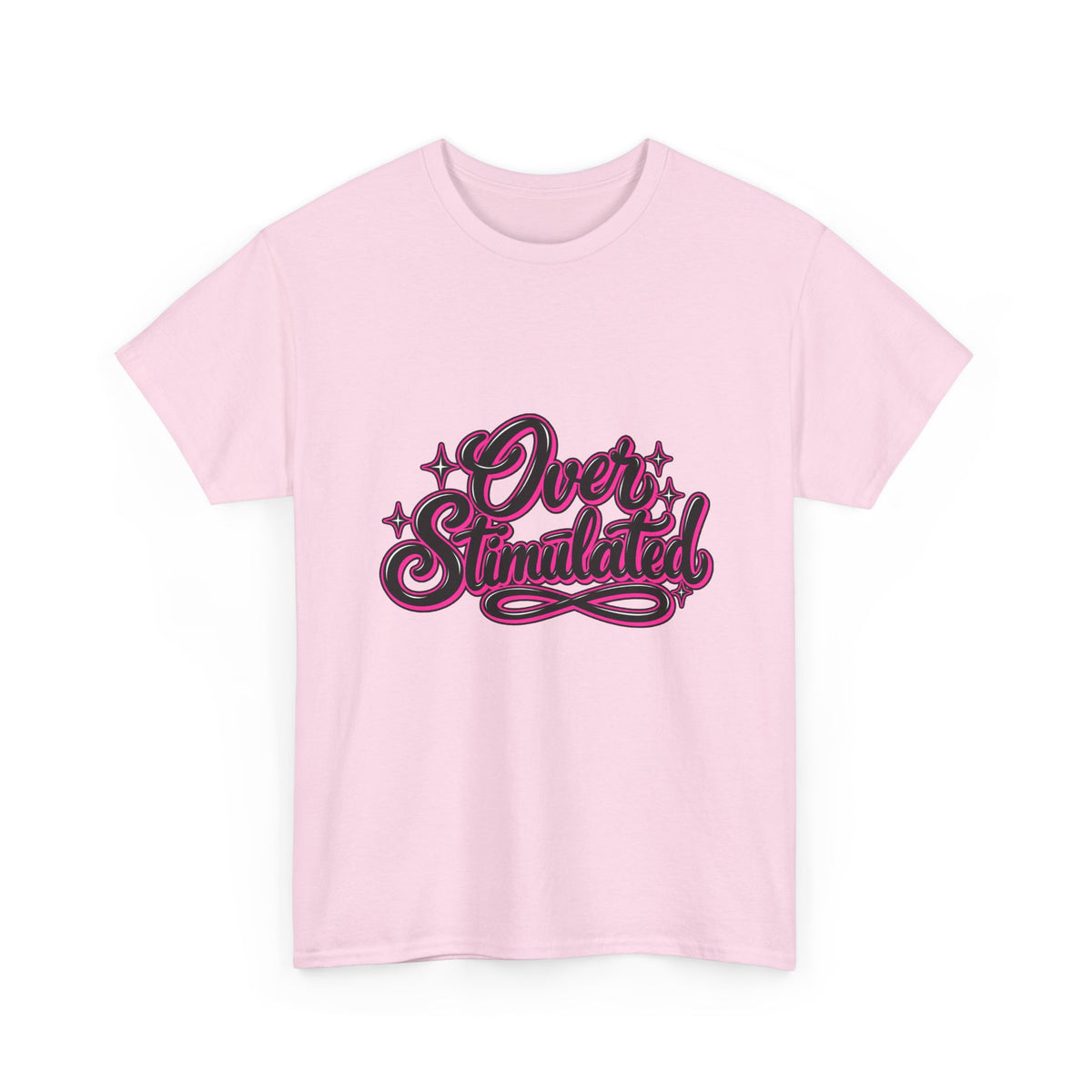 Overstimulated Graphic Tee — Retro Script Pink & Black Casual T‑Shirt