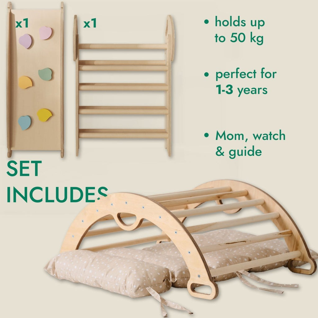 Montessori Pikler Triangle 4-in-1 Climbing Set for Toddlers – Triangle, Arch, Slide & Cushion