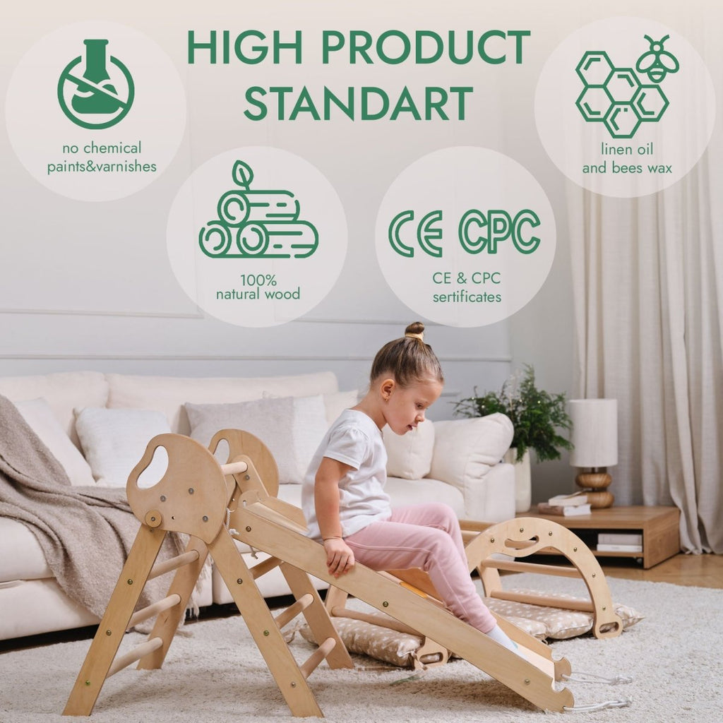 Montessori Pikler Triangle 4-in-1 Climbing Set for Toddlers – Triangle, Arch, Slide & Cushion