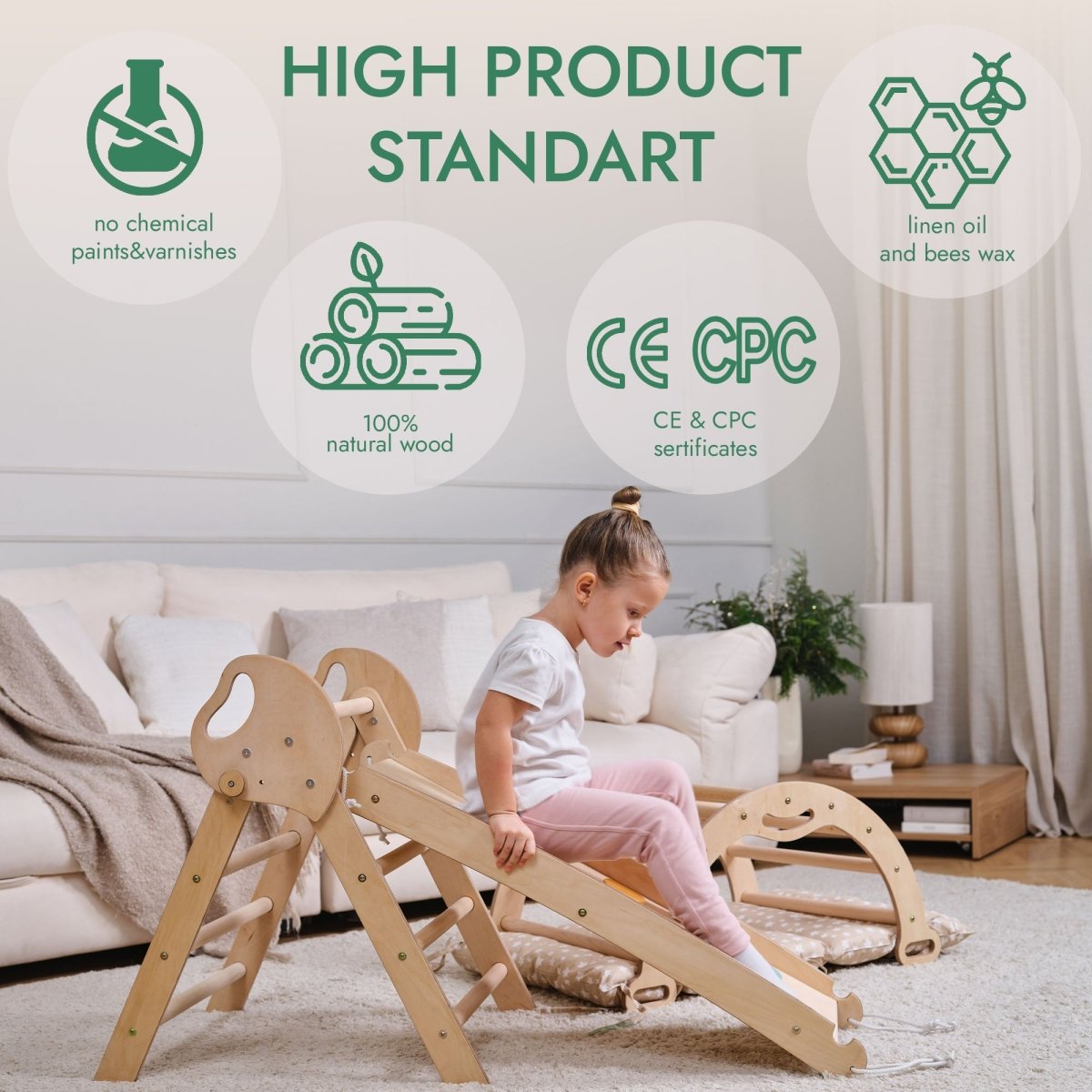 Montessori Pikler Triangle 4-in-1 Climbing Set for Toddlers – Triangle, Arch, Slide & Cushion