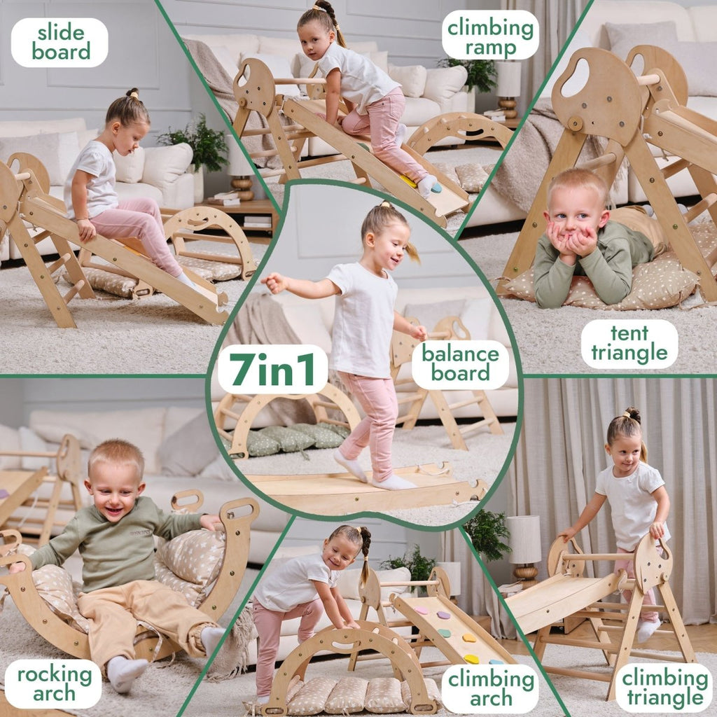 Montessori Pikler Triangle 4-in-1 Climbing Set for Toddlers – Triangle, Arch, Slide & Cushion