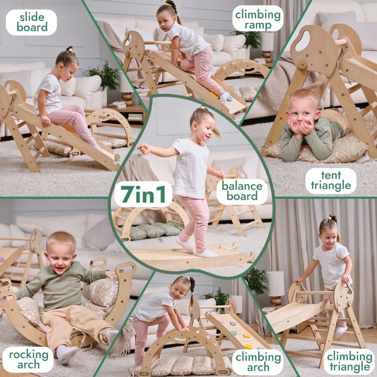 Montessori Pikler Triangle 4-in-1 Climbing Set for Toddlers – Triangle, Arch, Slide & Cushion