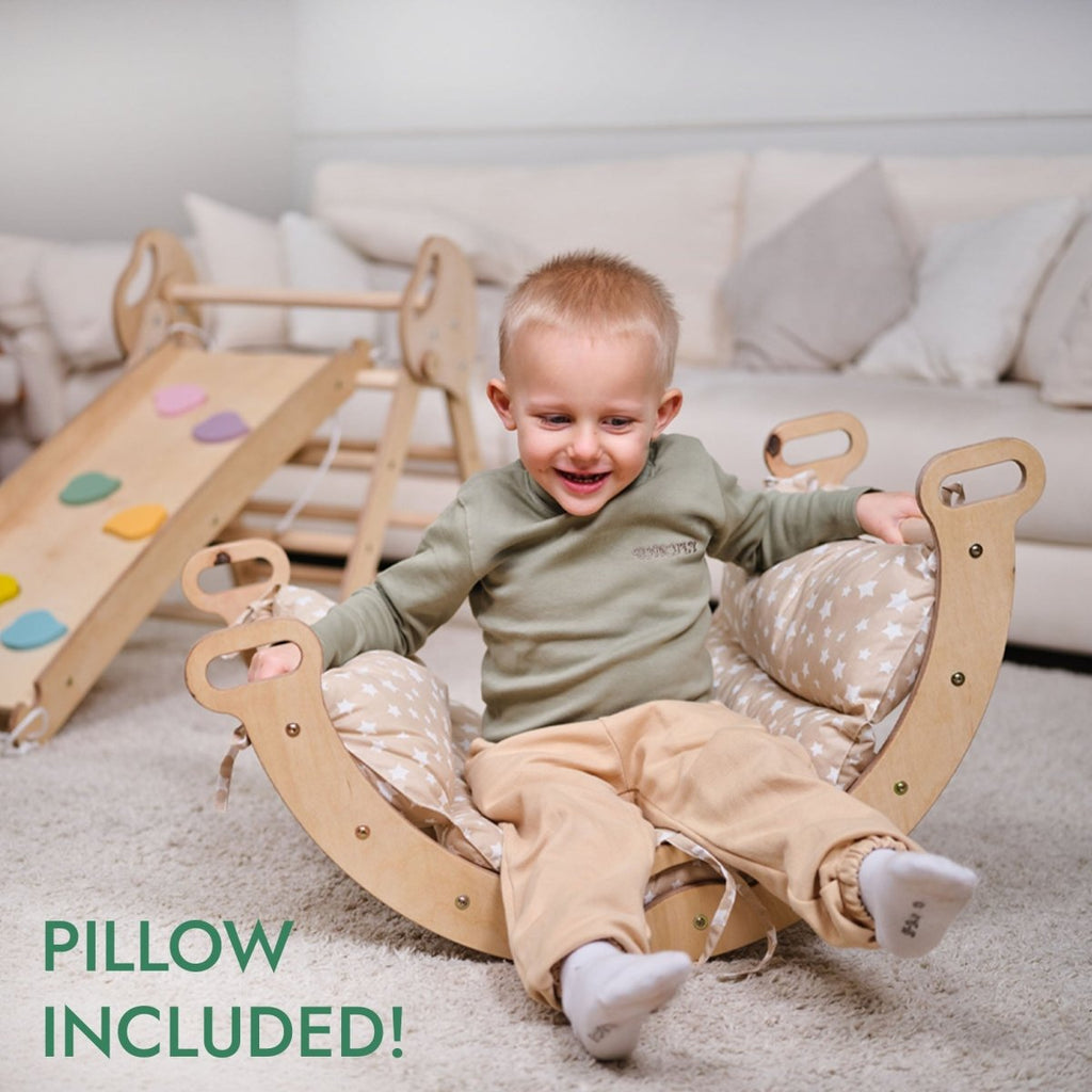 Montessori Pikler Triangle 4-in-1 Climbing Set for Toddlers – Triangle, Arch, Slide & Cushion