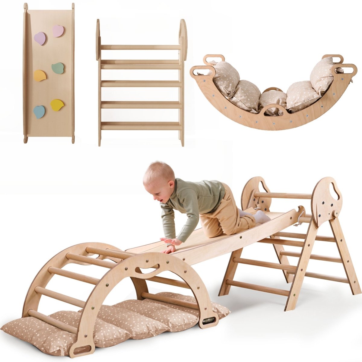 Montessori Pikler Triangle 4-in-1 Climbing Set for Toddlers – Triangle, Arch, Slide & Cushion