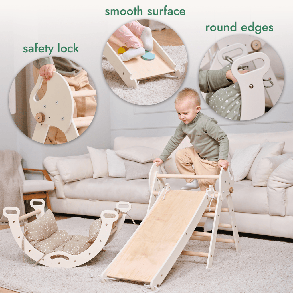 Montessori Pikler Triangle 4-in-1 Climbing Set for Toddlers – Triangle, Arch, Slide & Cushion
