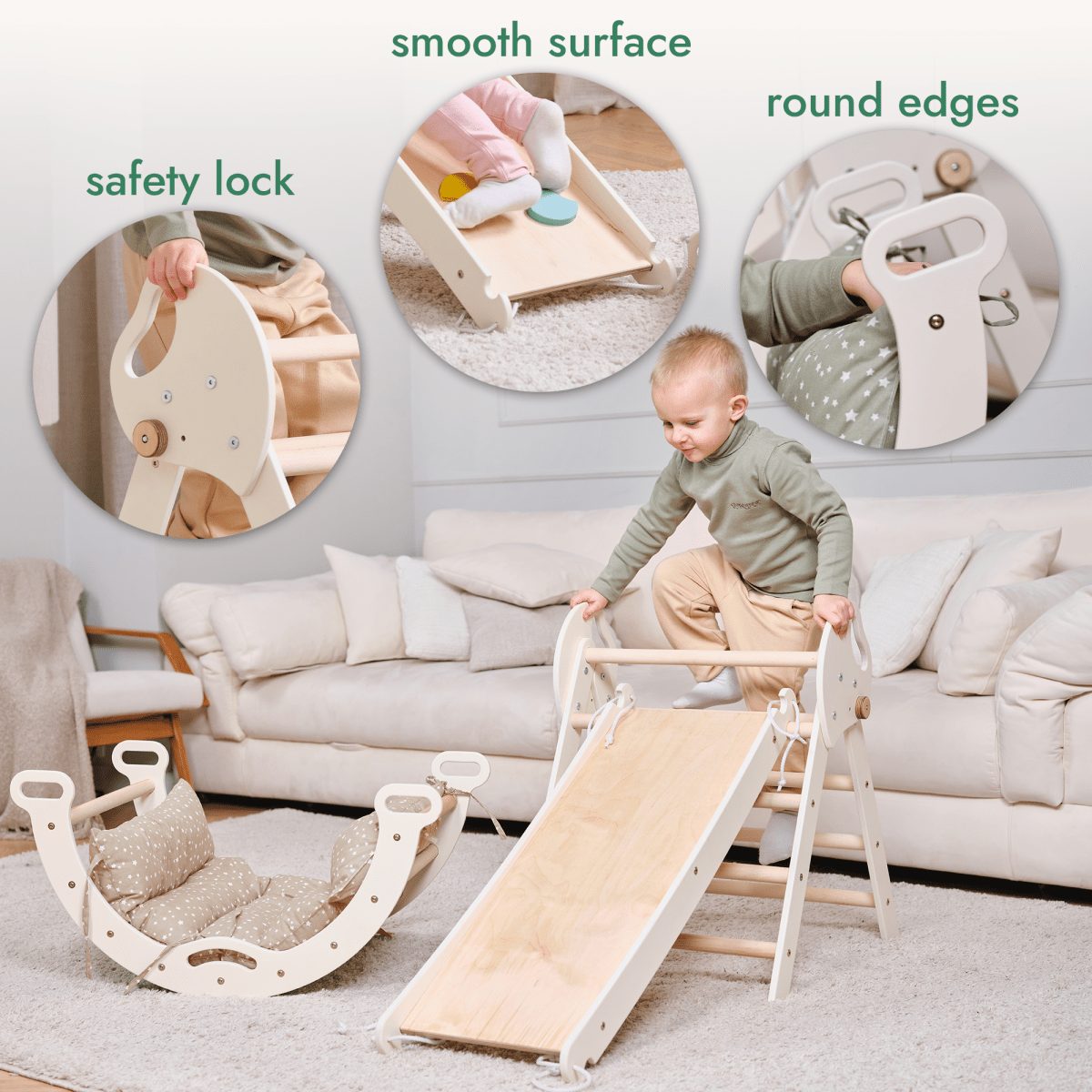 Montessori Pikler Triangle 4-in-1 Climbing Set for Toddlers – Triangle, Arch, Slide & Cushion