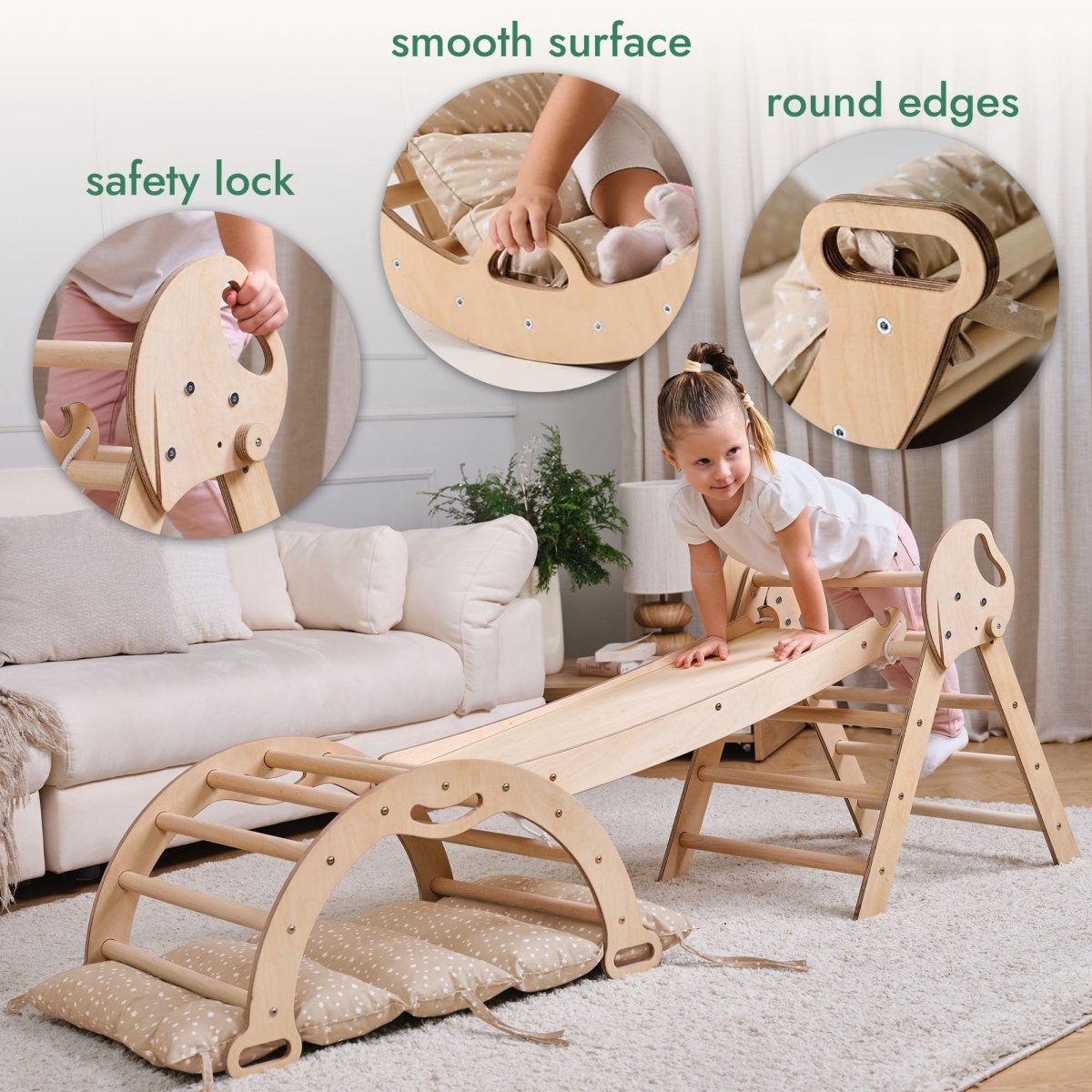Montessori Pikler Triangle 4-in-1 Climbing Set for Toddlers – Triangle, Arch, Slide & Cushion